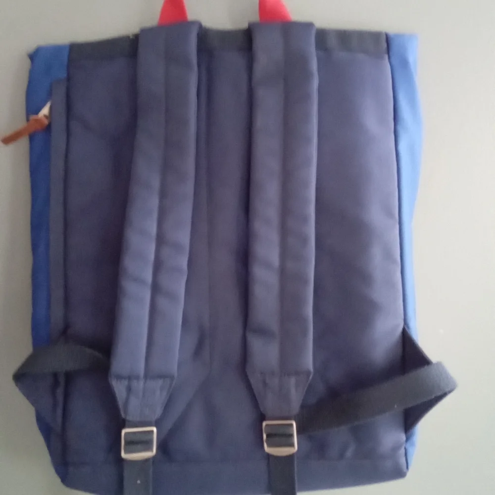 Penguin Backpack Blue Canvas Leather Trim Roll‎ Top Adjustable Straps